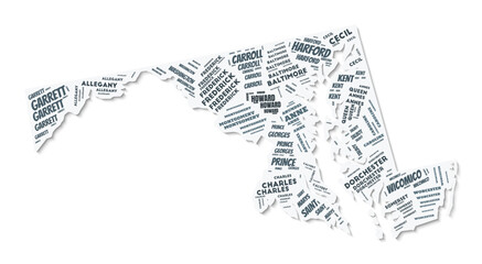 Maryland shape text cloud. State border with shadow on white background. Maryland with counties division in vintage gazette style. Beautiful vector illustration.