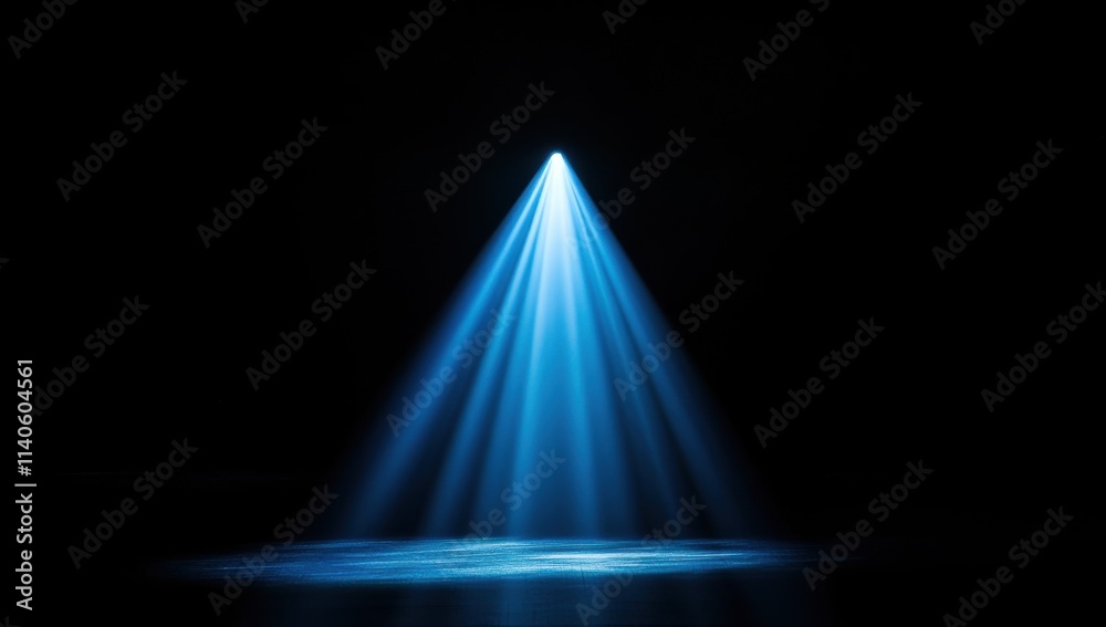 Poster A blue beam of light falls from above the center of an empty black background, illuminating part of it with light and shadow.