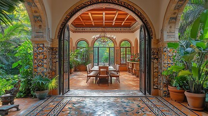 Obraz premium An open Moorish-style archway covered in hand-painted Mediterranean tiles, leading into a dining room with terra-cotta floors, a wrought iron chandelier, and vibrant greenery. Warm, exotic,
