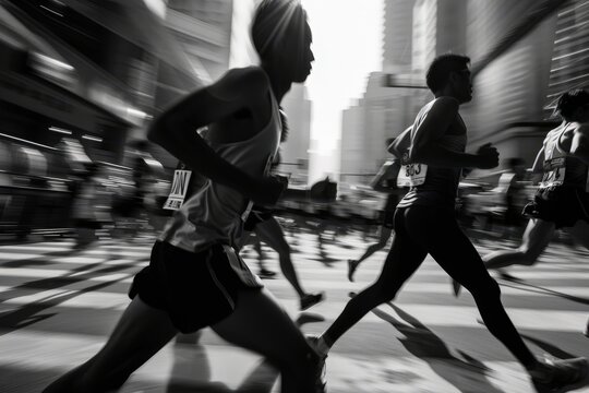 Runners sprint along a busy city street during a marathon in the early morning light, capturing the energy and excitement of the event