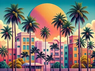 Fototapeta premium Palm Beach Retro Vibes: 70s Style Graphic Print Design for Apparel & Posters