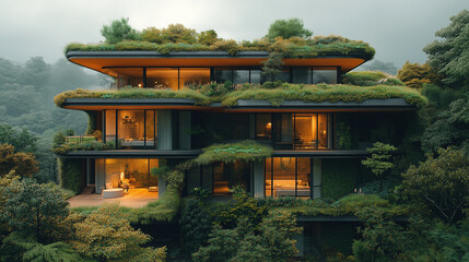 A multistory modern home with a green roof is nestled amongst lush vegetation