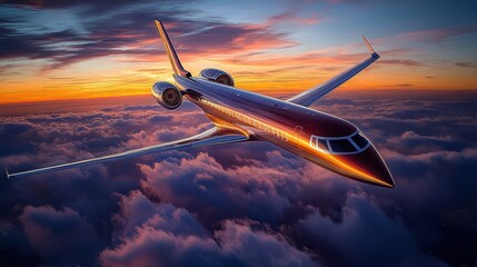 Obraz premium Sleek Commercial Plane Soaring Through Vibrant Evening Skies Above the Clouds Aerial View Travel Concept