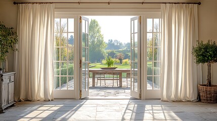 Fototapeta premium Double French doors with ornate brass handles, leading to a sunlit dining area with a rustic stone floor, a long dining table, and soft white drapes framing the space. Elegant, warm,