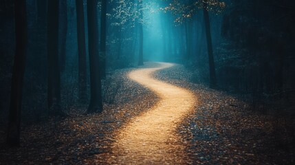 Naklejka premium Winding path through autumn forest nature scene tranquil environment serene viewpoint
