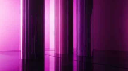 Purple light columns shine on smooth floor with subtle reflections.