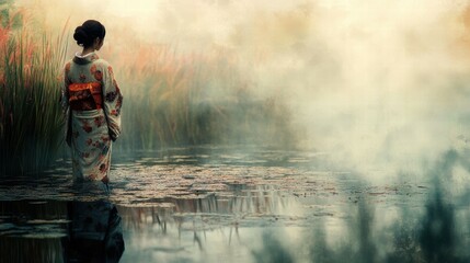 Fototapeta premium Woman in traditional kimono by tranquil pond soft bokeh nature scene serene environment