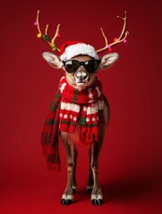 Festive Reindeer in a Vibrant Red Setting Donning Sunglasses, a Santa Hat, and a Cozy Scarf, Bringing Holiday Cheer and Excitement for the Winter Season