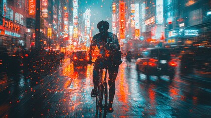 Vibrant cyclist silhouette riding through neon city streets at night urban scene dynamic perspective