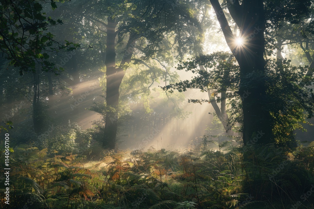 Aufkleber morning sunlight filters through dense trees in a peaceful forest, illuminating ferns and creating a