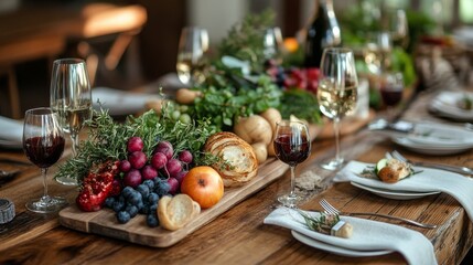 Naklejka premium Elegant dining table set with fresh fruits and fine wines in a cozy setting