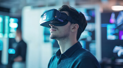 Man exploring virtual reality immersed futuristic headset technology innovation experience digital interface vision future male person adult young exploration discovery wonder awe amazed