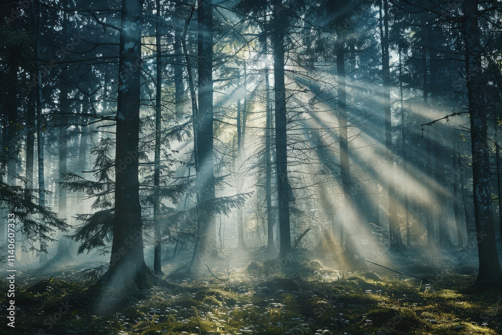 Poster Morning sunlight filters through dense trees in a peaceful forest, illuminating ferns and creating a tranquil atmosphere