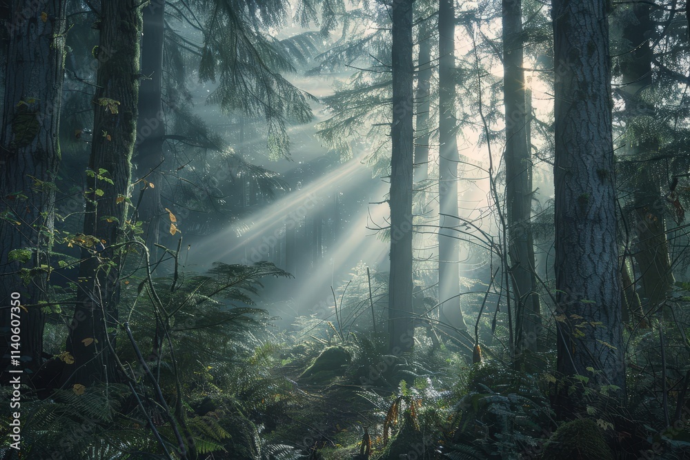 Aufkleber morning sunlight filters through dense trees in a peaceful forest, illuminating ferns and creating a