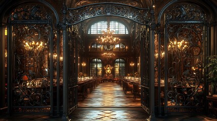 Fototapeta premium Ornate wrought iron gates, weathered with time, opening into an extravagant dining hall with vaulted ceilings, a massive banquet table, and glittering chandeliers. Rich, historical elegance,