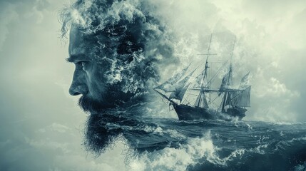 Fototapeta premium Atmospheric double exposure of sea captain over surging ocean waves