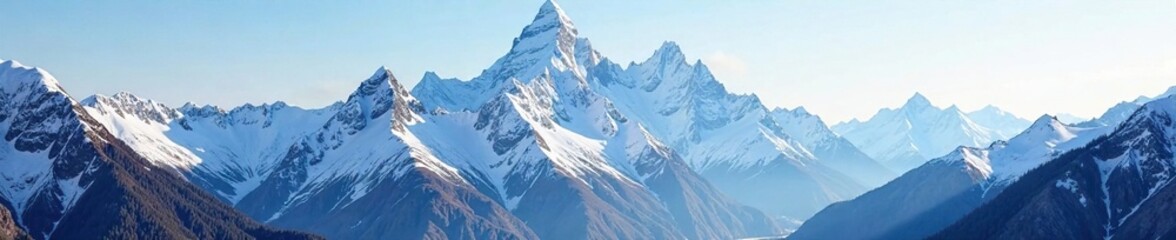 Snowy mountain peaks rising abruptly from a valley, mountains, serene