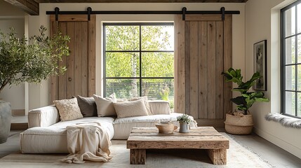 Obraz premium Sliding barn doors crafted from light-washed wood, leading to a cozy living space with a soft beige sectional, a wooden coffee table, and large windows letting in golden sunlight. Bright, natural,