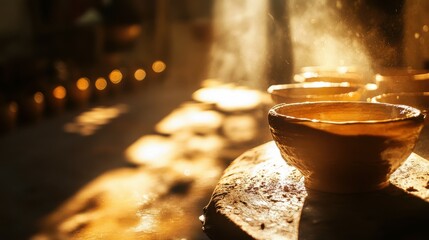 Creative pottery crafting at the wheel light and shadows in the workshop