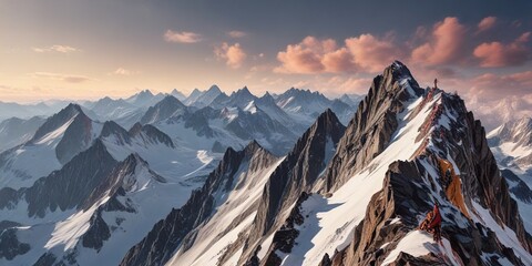 Panoramic view of alpinista on rocky summit ridge of Joderhorn , montagne, Macugnaga