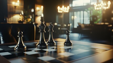 Chessboard strategy pieces unveiling new chess club ambiance in luxurious setting