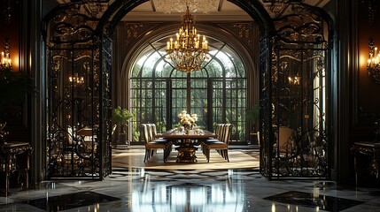 Fototapeta premium Tall black wrought iron gates with gold accents, opening into an elegant dining room with marble floors, a polished oak dining table, and towering candelabras under soft, ambient lighting. Majestic,
