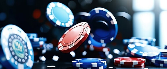 Photograph of a close-up view of a pile of poker chips, with red, blue, and white chips scattered around. The background is blurred, with a dark and moody atmosphere. The chips are shiny and reflectiv