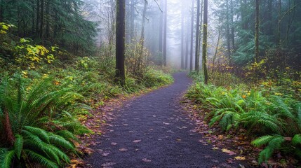 Fototapeta premium A hiking trail winds through a misty forest
