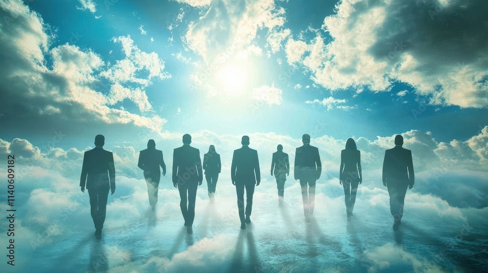 Poster business team utilizing cloud computing technology to enhance it operations and collaboration in mod