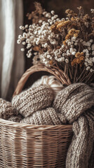 Obraz premium Rustic basket with knitted scarf and dried flowers arrangement on vertical background, winter time.