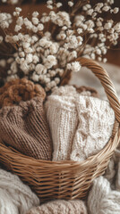 Cozy knitted sweaters in wicker basket with dry  flowers on vertical background, winter time.