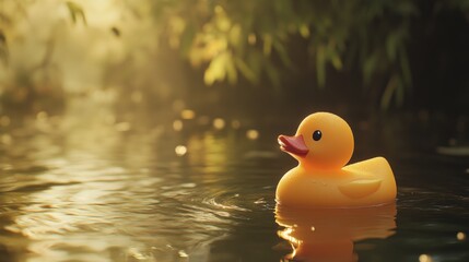 a yellow rubber duck floats on still water