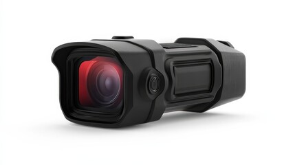 High-tech compact camera with red lens on white background