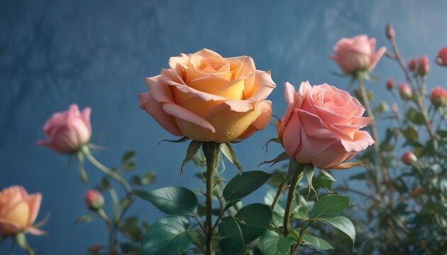 Profumo di agrumi circondata da una corona di rose e foglie sull'azzurro sfondo , fragranza, blu