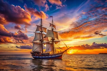 Obraz premium Panoramic Commodore Ship Sunset Ocean Coastal Retro Vintage Sailing Vessel