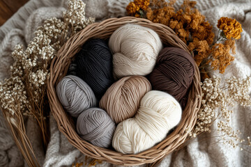 Balls of merino wool yarn winter colors in basket with  flowers and warm colors