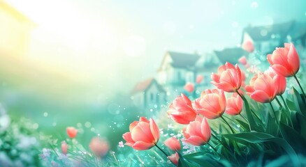 Vibrant Pink Tulips Stretch Towards a Soft Morning Light in a Serene Garden Setting with Charming Houses in the Background