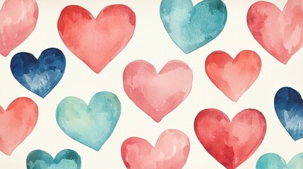 Fototapeta premium A vibrant pattern of colorful watercolor hearts in shades of red, pink, and blue, perfect for conveying love and affection.