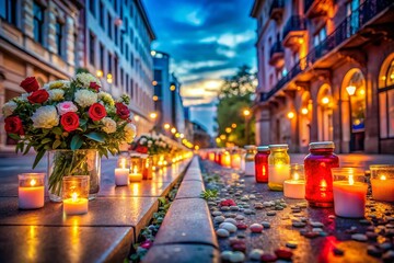 Fototapeta premium Panoramic Covid Grief: Empty Streets, Memorial Candles, Pandemic Loss, Emotional Landscape Photography