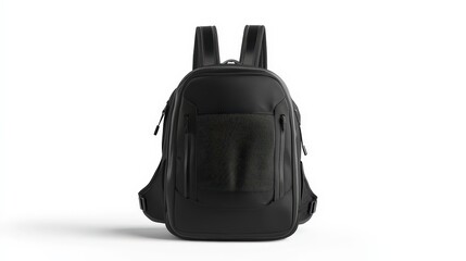 Fototapeta premium Sleek black backpack with pockets on white background highlighting modern design