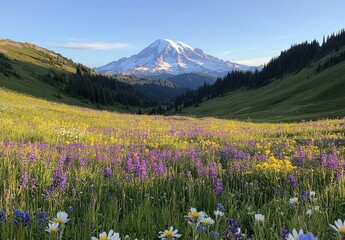 Obraz premium Vibrant Wildflower Meadow Under Mount Rainier with Clear Blue Sky and Lush Green Hills, Captured During Beautiful Day in Spring or Summer Season