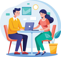 Partners meeting for business discussion with documents and laptop on desk. Couple at round table, speaking, discussing work, partnership. Flat vector on a white background
