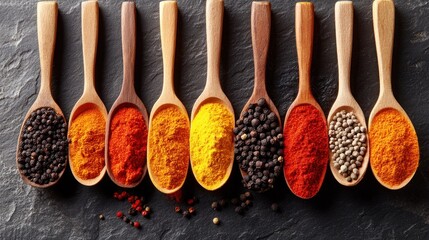 Wooden spoons filled with various colorful spices and peppercorns on a dark stone surface.