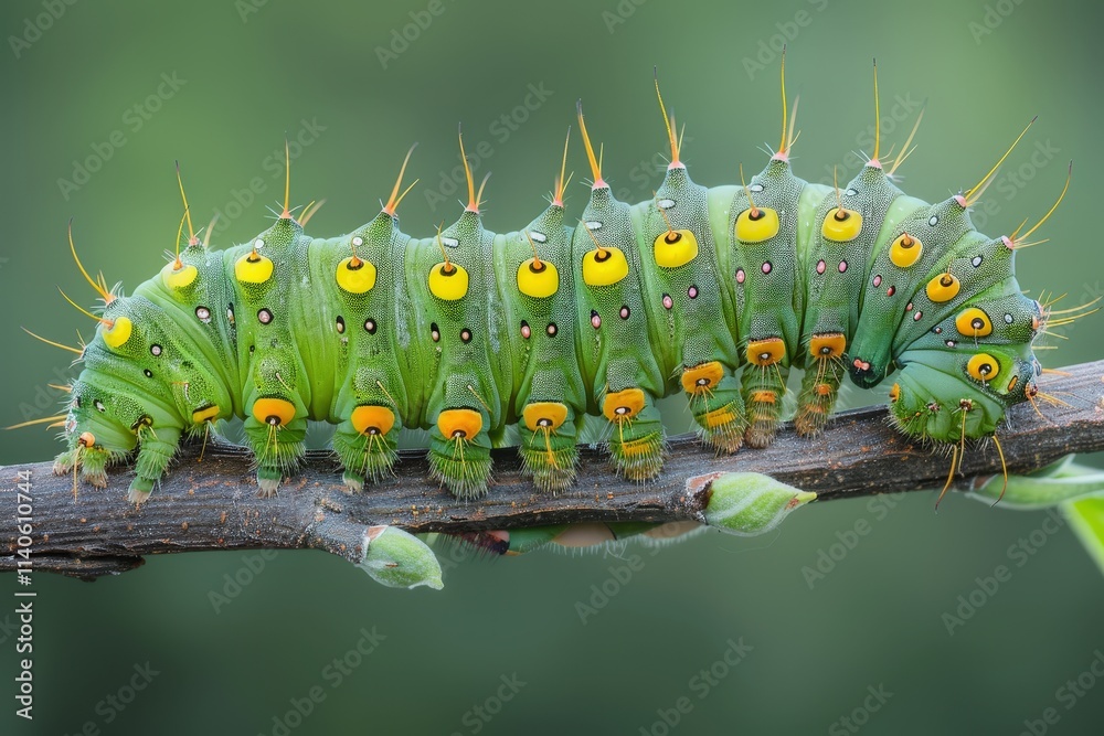 Poster unique caterpillar crawling on a branch in a lush green forest during the daytime showcasing detaile
