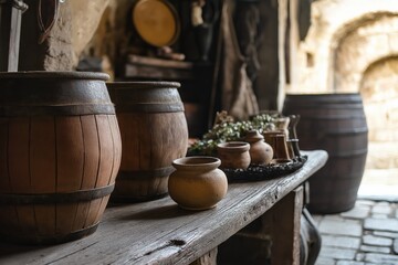 An assortment of traditional earthen pots gathered in a rustic workshop, highlighting handmade artistry and culture.