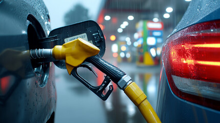 Close-up of a car being refueled at a gas station in the rain.