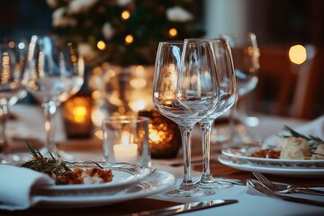 Fototapeta premium An elegantly arranged dinner table with glimmering glasses and soft candlelight enhancing the atmosphere.