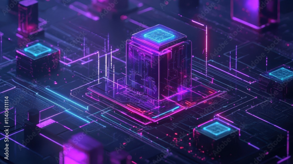 Poster digital concept of blockchain technology represented by abstract neon visuals and secure data elemen