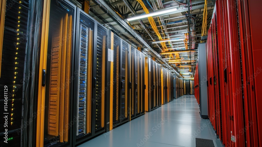 Poster modern data center interior with rows of servers and advanced cloud computing infrastructure