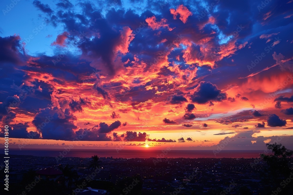 Poster vivid sunset over the ocean with dramatic clouds reflecting a spectrum of colors at twilight